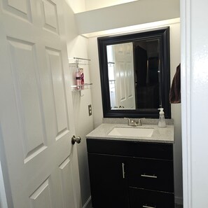 Hair dryer, towels, soap, shampoo