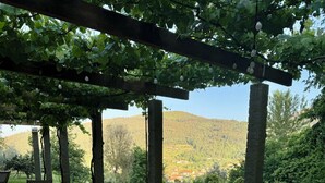 An outdoor patio with a round table and two chairs, surrounded by greenery and a view of a hilly landscape. - Quinta Trindade (Arouca)