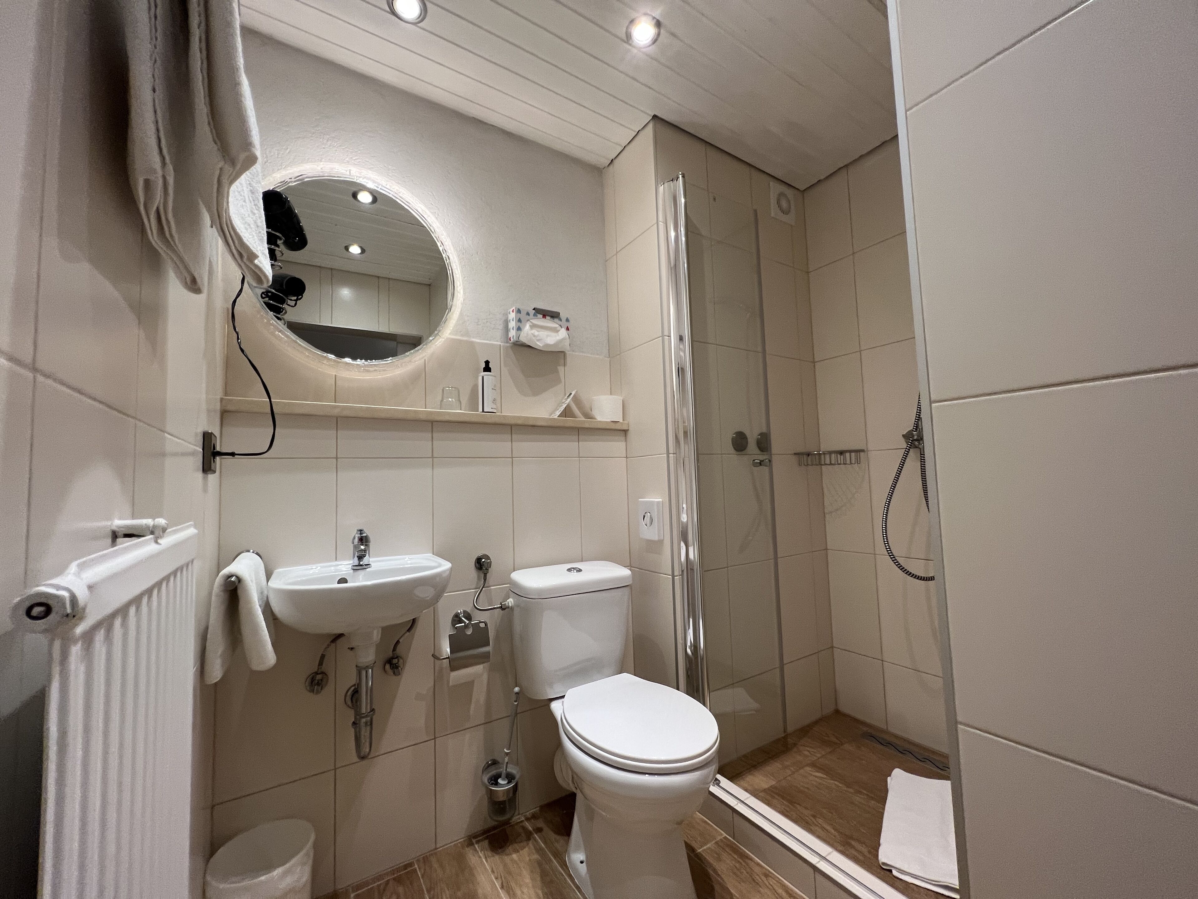 Un baño con lavamanos, inodoro y ducha.