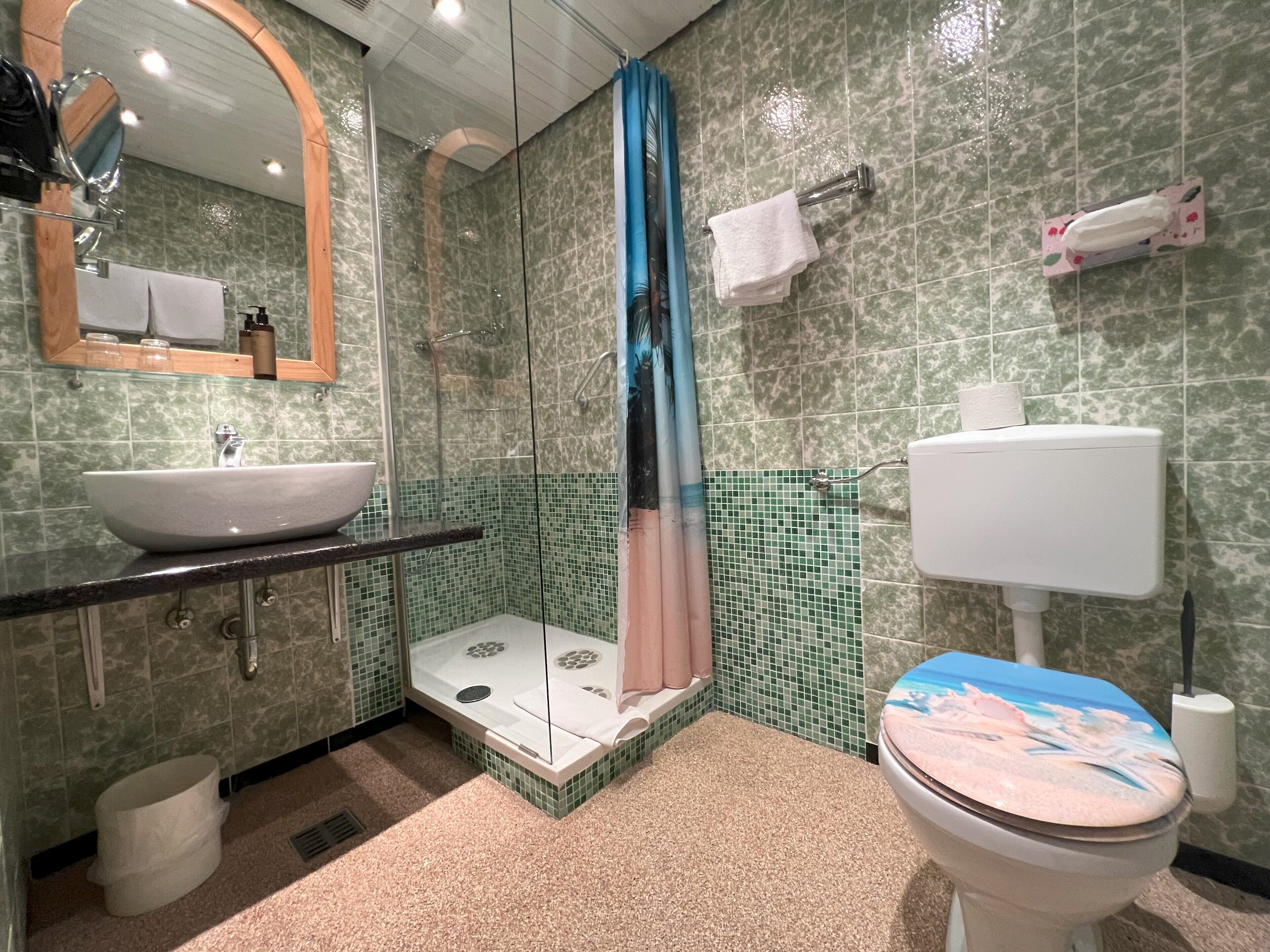 Un baño con lavabo, inodoro, ducha y espejo.