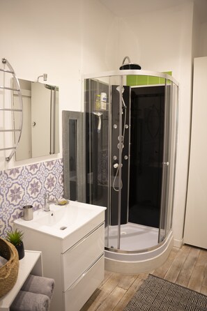 Shower, hair dryer, towels, soap