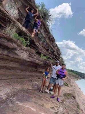 Shower, hair dryer, towels, toilet paper