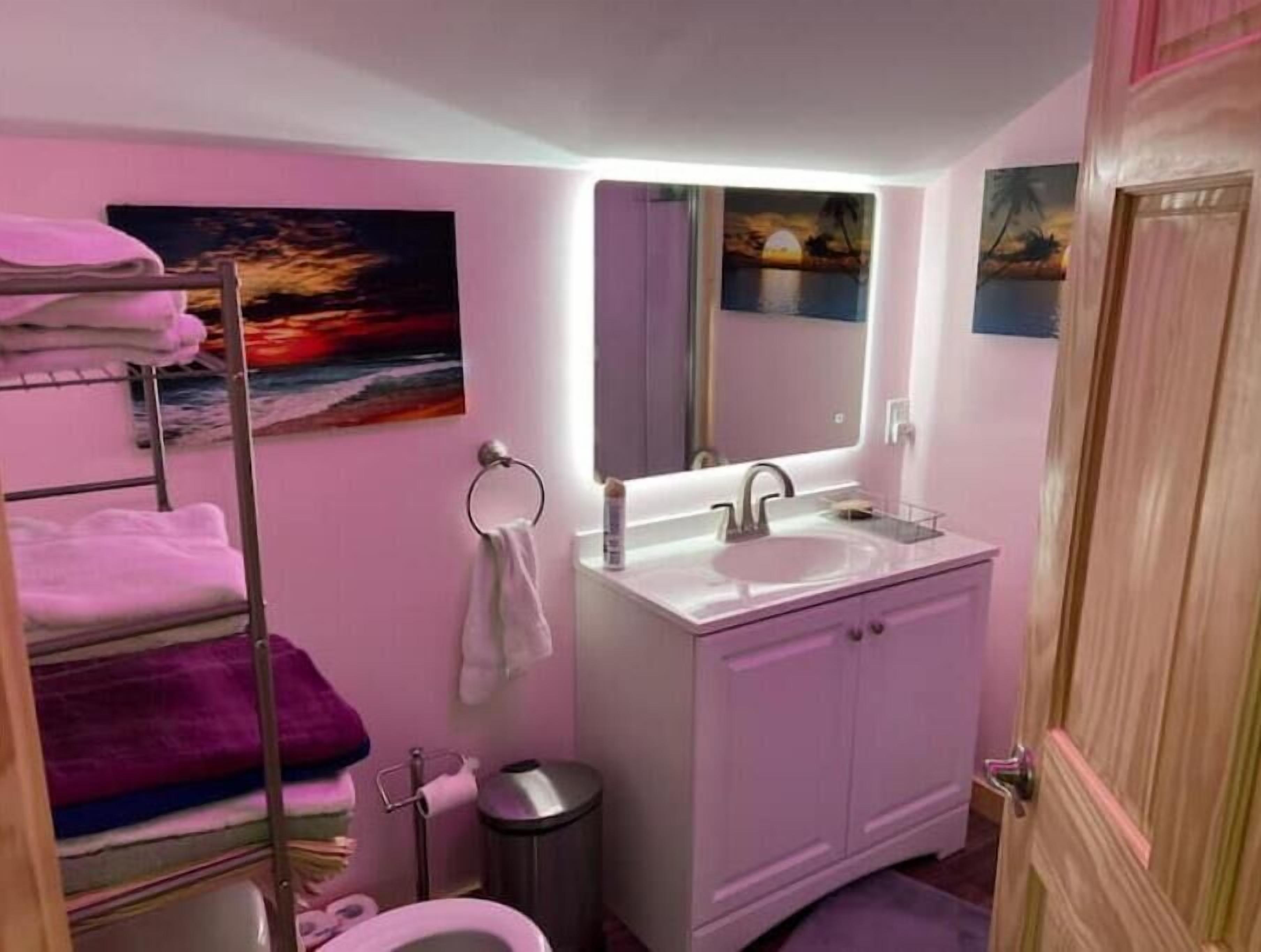 Une salle de bain avec un lavabo, un miroir et un tableau représentant un coucher de soleil.