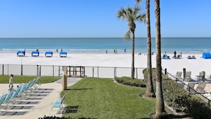 A beach with palm trees, a sandy shore, and lounge chairs. - Emerald Isle 204 (North Redington Beach)