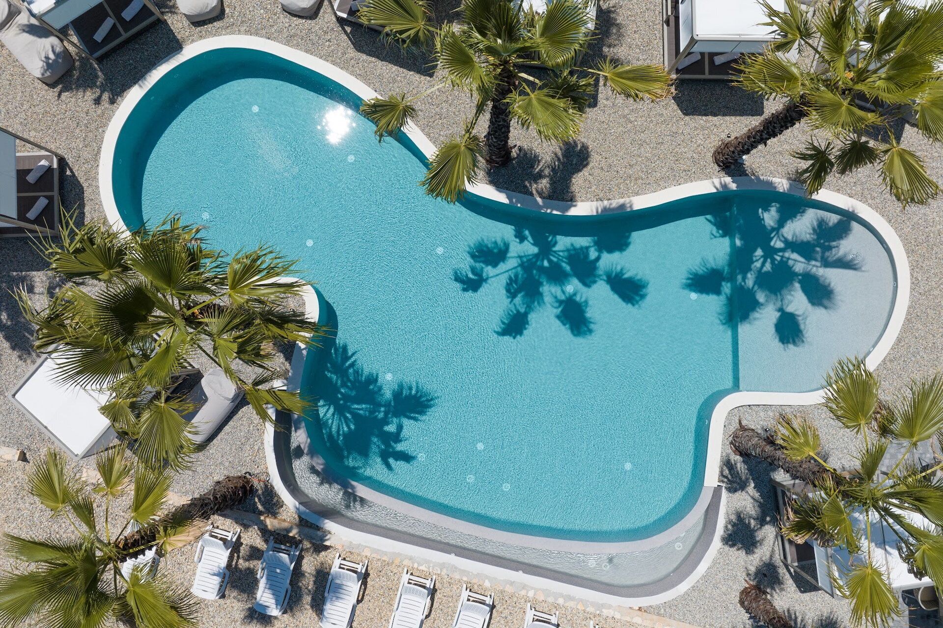 An aerial view of a uniquely shaped swimming pool surrounded by lounge chairs and palm trees.