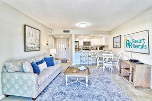 Condo, 1 King Bed with Sofa bed (Land's End 1-203 Pool View) | Living area | TV - Land's End 1-203 Pool View (Treasure Island)