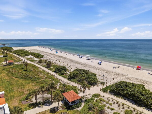 Een strand met een pad, palmbomen en een klein gebouw met een rood dak.