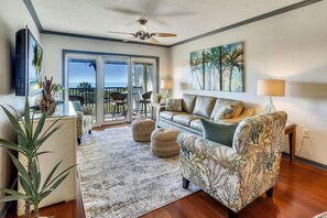 Condo, 1 King Bed with Sofa bed (Land's End 11-204 Beach Front) | Living area | TV - Land's End 11-204 Beach Front (Treasure Island)