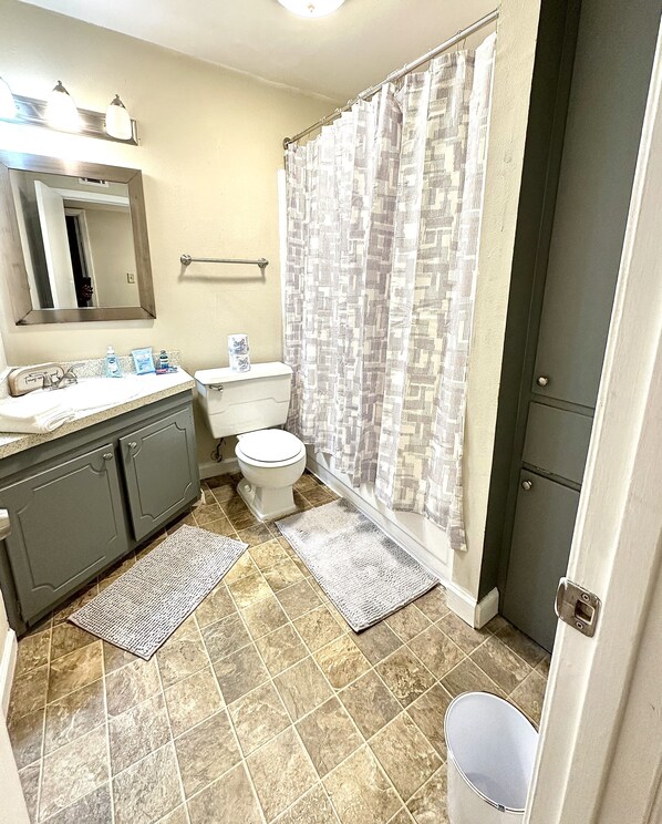 A bathroom with a toilet, sink, and shower curtain. - Steps from Fondren’s Favorite Spots: 5 minutes from Hospital’s (Jackson)