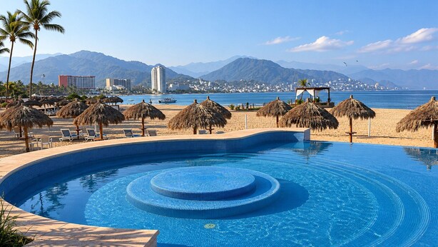 Une piscine de forme circulaire, des parasols de plage et une vue sur la mer et les montagnes.