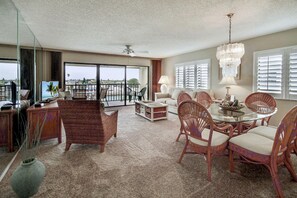 Condo, 1 King Bed (Land's End 3-406 Bay Front) | Living area | TV - Land's End 3-406 Bay Front (Treasure Island)