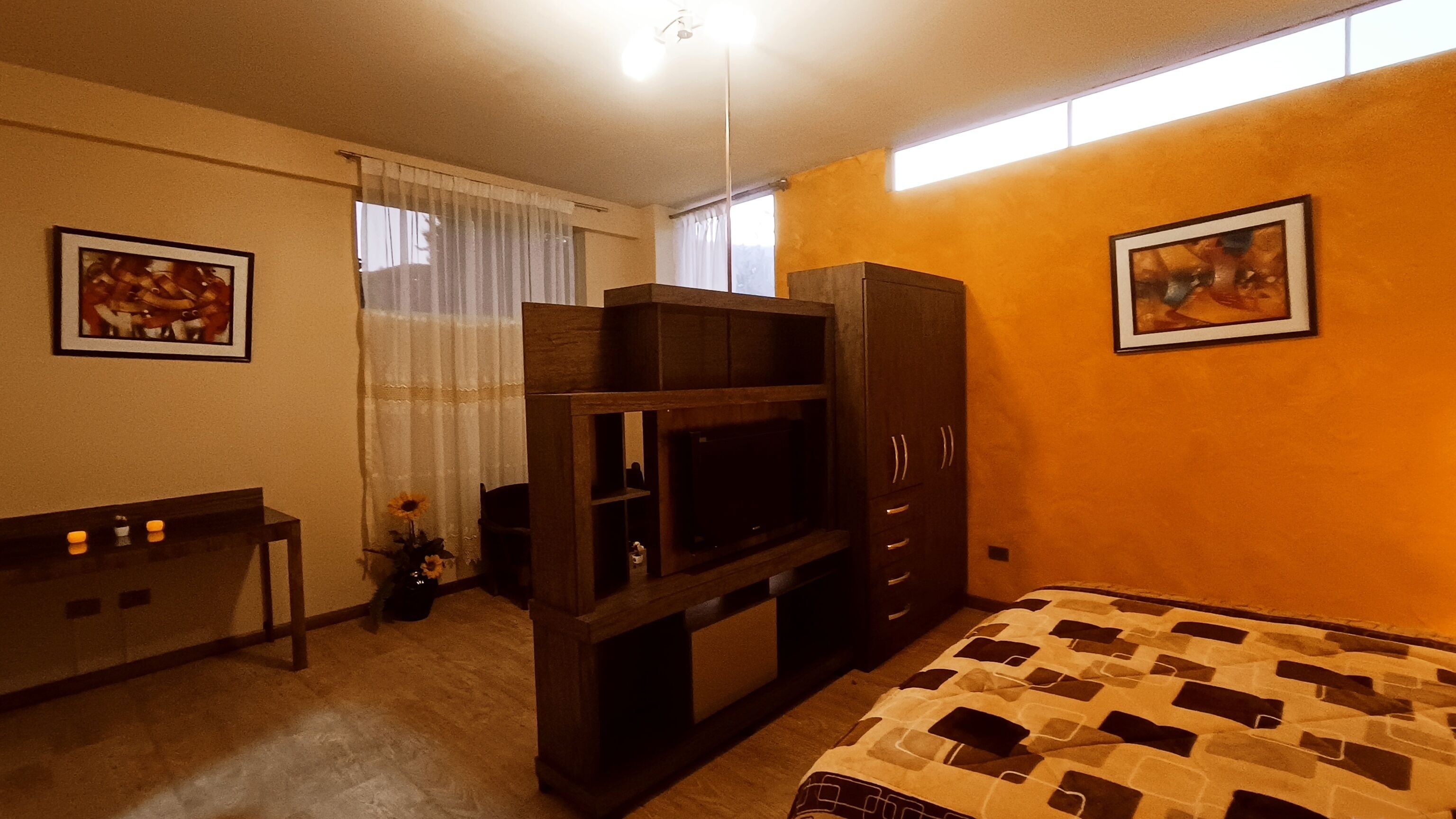 A bedroom with a bed, a TV, a wardrobe, and a desk.