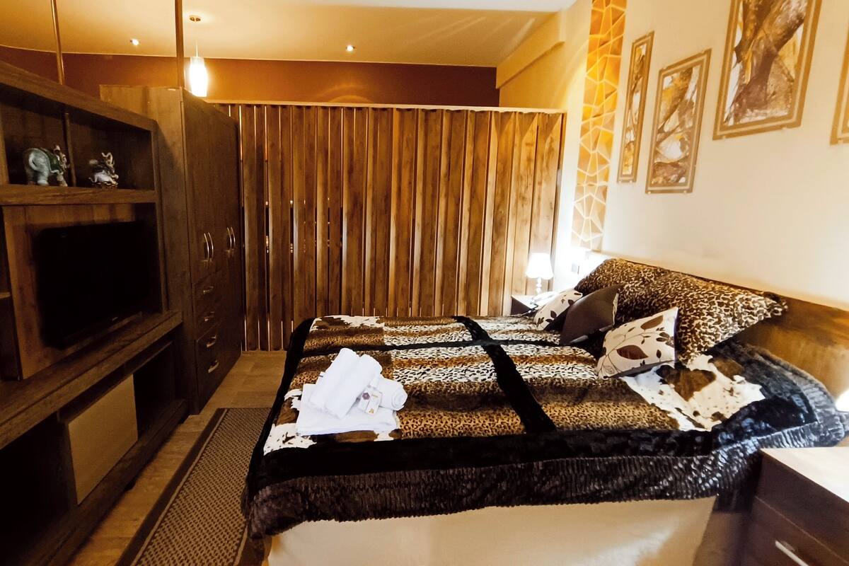Une chambre d’hôtel avec un grand lit, une télévision, des meubles en bois et un rideau.