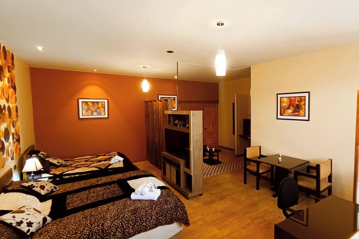 Une chambre d’hôtel comprenant un lit, un bureau, une chaise, une télévision et une salle de bain.