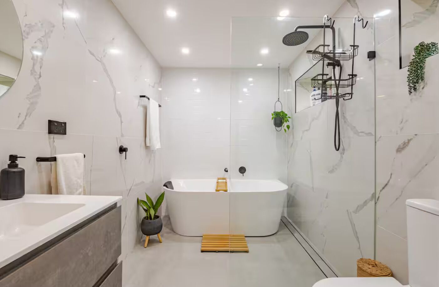 Hair dryer, towels, soap, shampoo