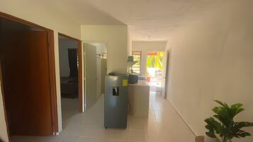 A hallway with a refrigerator, a potted plant, and a door leading to another room.