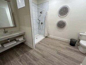 Shower, hair dryer, towels, soap