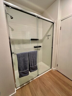 Hair dryer, towels, soap, shampoo