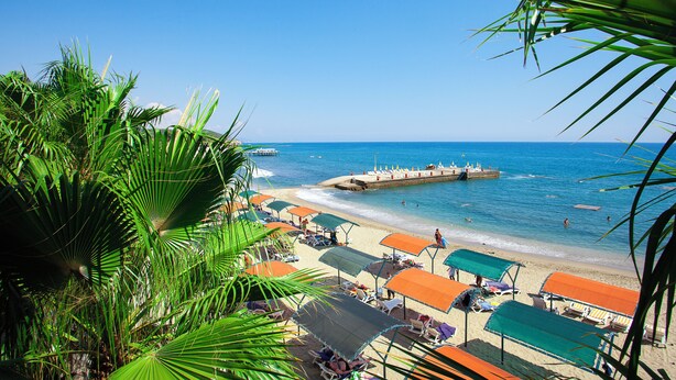 A beach with umbrellas and lounge chairs, a pier extending into the water, and palm trees in the foreground. - Seven Seas Palmeras Bay (Alanya)