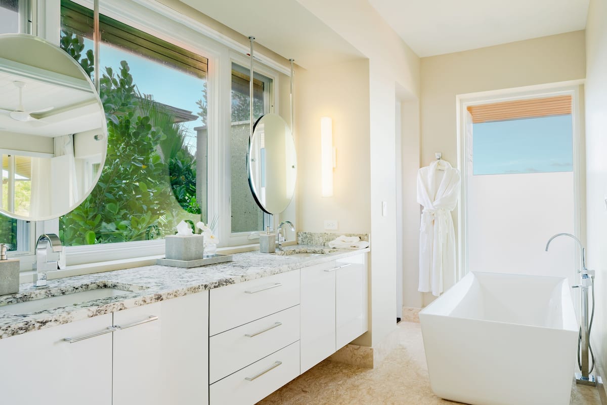 Separate tub and shower, deep soaking tub, hair dryer, bathrobes