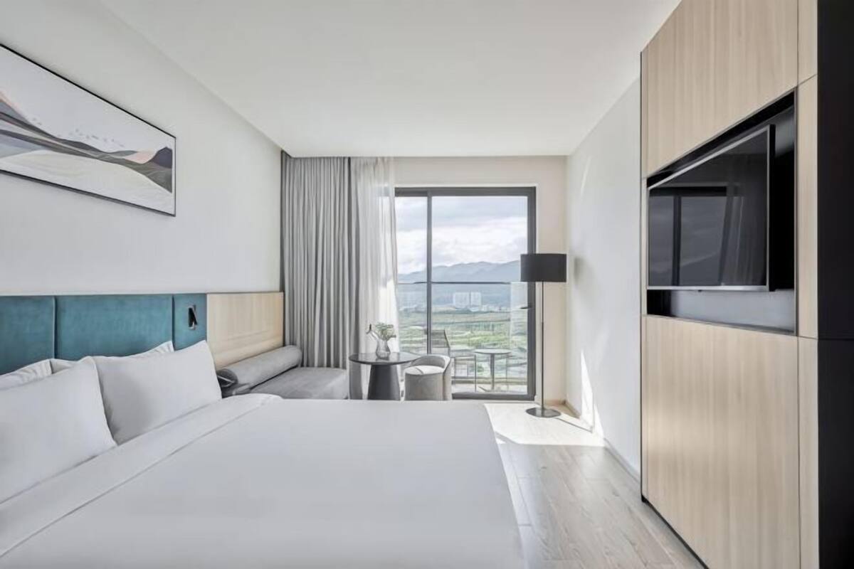A hotel room with a large bed, a TV, a desk, and a view of the city.