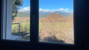 Ein Fenster mit Blick auf eine gebirgige Landschaft, einen Baum und einen eingezäunten Bereich.