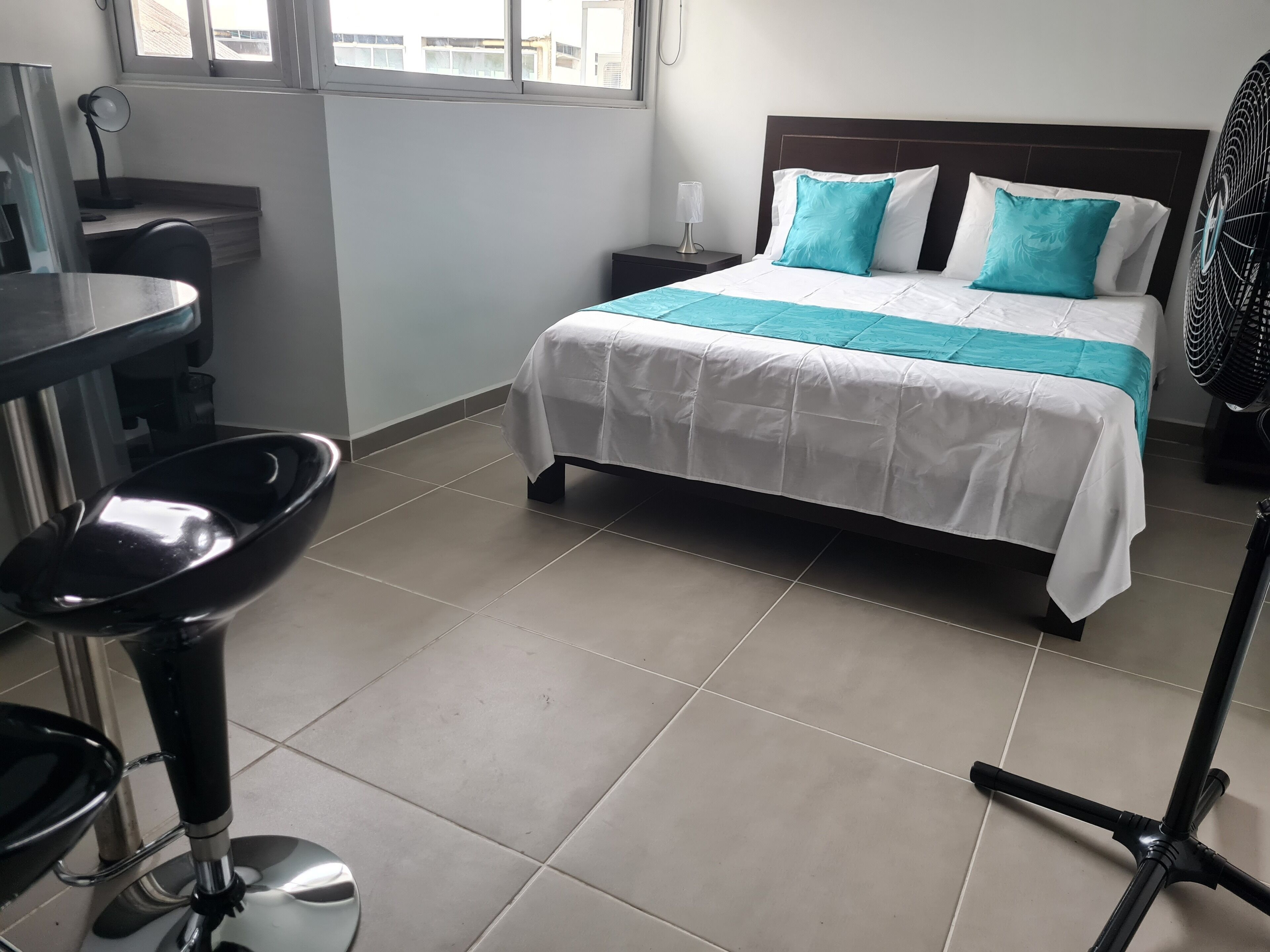 Une chambre d’hôtel avec un lit, un bureau, une chaise et un ventilateur.