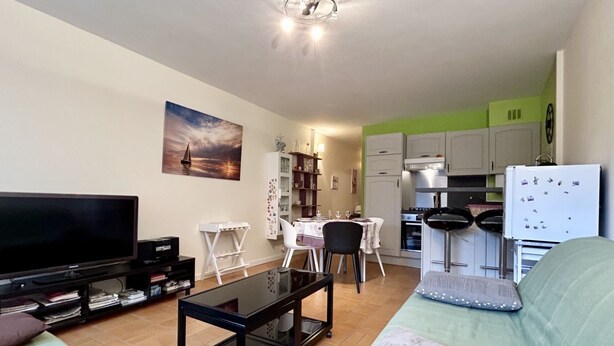 Ein Wohnzimmer mit Fernseher, Couch, Esstisch und Stühlen sowie einer Küche mit Schränken und Kühlschrank.