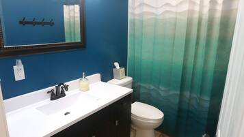 A bathroom with a white sink, dark cabinets, a toilet, a mirror with lights, and a greenish shower curtain.