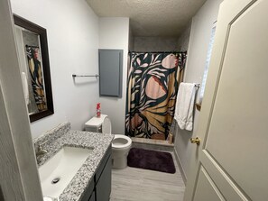 Hair dryer, towels, soap, toilet paper