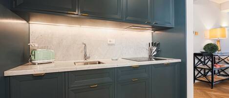 Réfrigérateur, micro-ondes, plaque de cuisson, lave-vaisselle