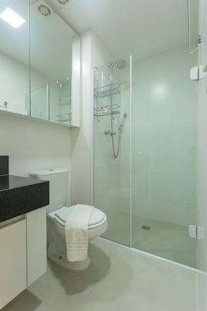 A modern bathroom with a glass-enclosed shower, a toilet, and a black countertop.