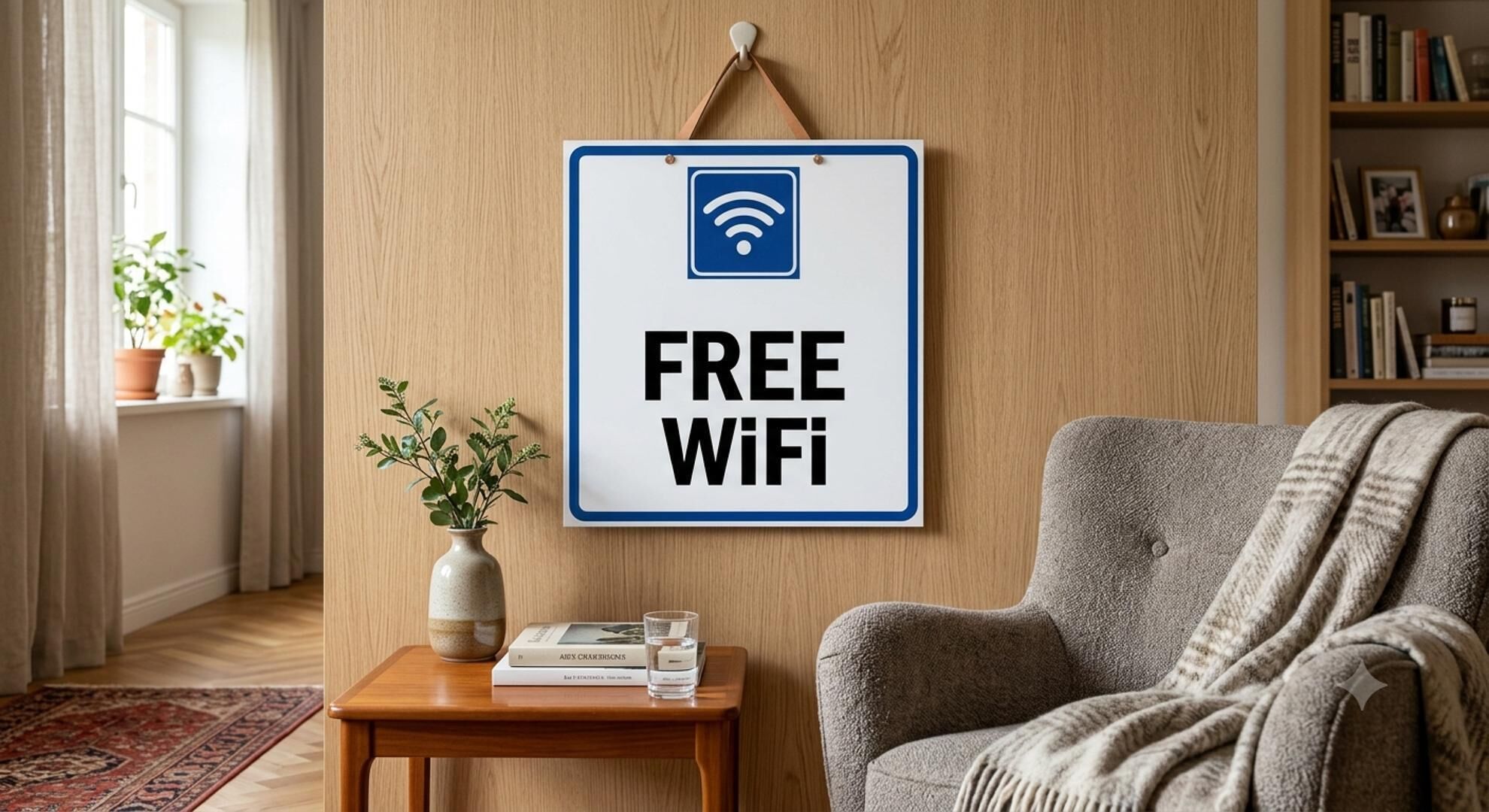 Señal que indica WiFi gratuito, una estantería, una planta en maceta y un sillón cómodo en una habitación con paredes de madera.