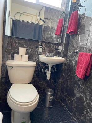 Séchoir à cheveux, serviettes fournies, savon, shampooing