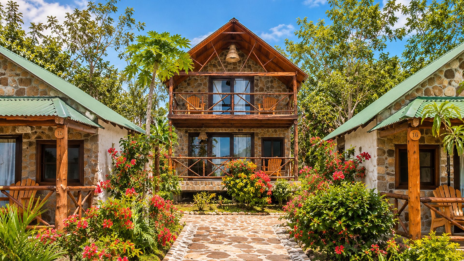 A two-story stone building with a balcony, surrounded by lush greenery and flowering plants.