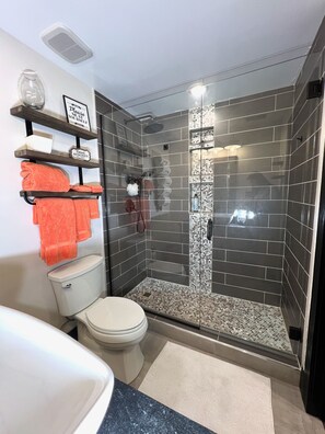 Douche, baignoire à jets, sèche-cheveux, serviettes fournies