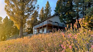 A two-story house with a balcony, surrounded by a field of wildflowers and tall trees. - Breathtaking Views Close to Yellowstone (Island Park)