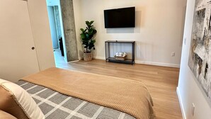 A modern bedroom with a bed, a ceiling fan, a TV, and a plant. - Clean & stylish with exclusive patio, king bed, secured parking, by the beach  (San Diego)