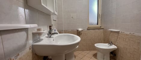 A bathroom with a sink, bidet, and a window.