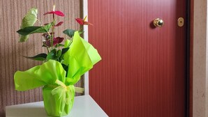 A red door with a brass doorknob, a white shelf with a green plant, and a doormat with a logo. - Special Guest Home (BARI)