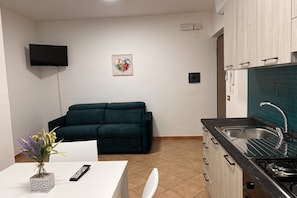 Eine kleine Küche mit integriertem Herd, Spüle und einer türkisblauen Spritzschutzwand. Ein dunkelgrünes Sofa steht an der Wand, darüber ist ein Flachbildfernseher angebracht.