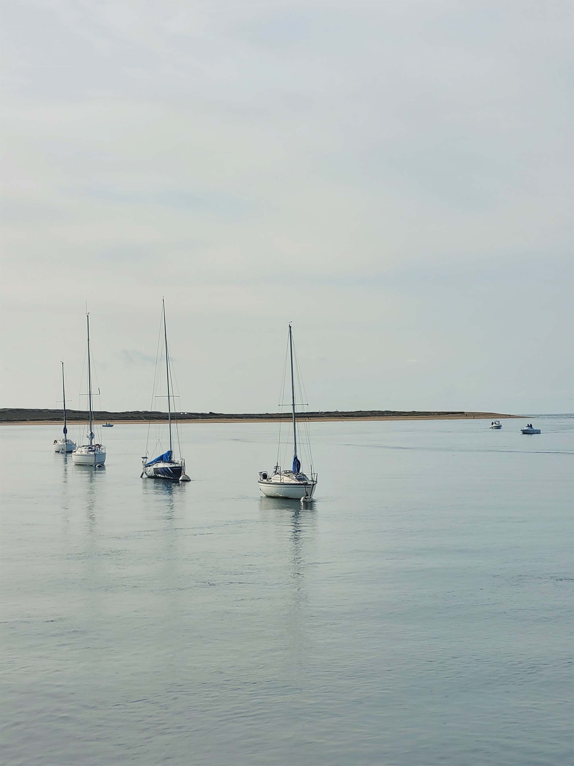 Une mer calme où plusieurs voiliers sont amarrés.
