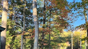 A wooden deck with chairs overlooking a pond surrounded by trees with autumn foliage.