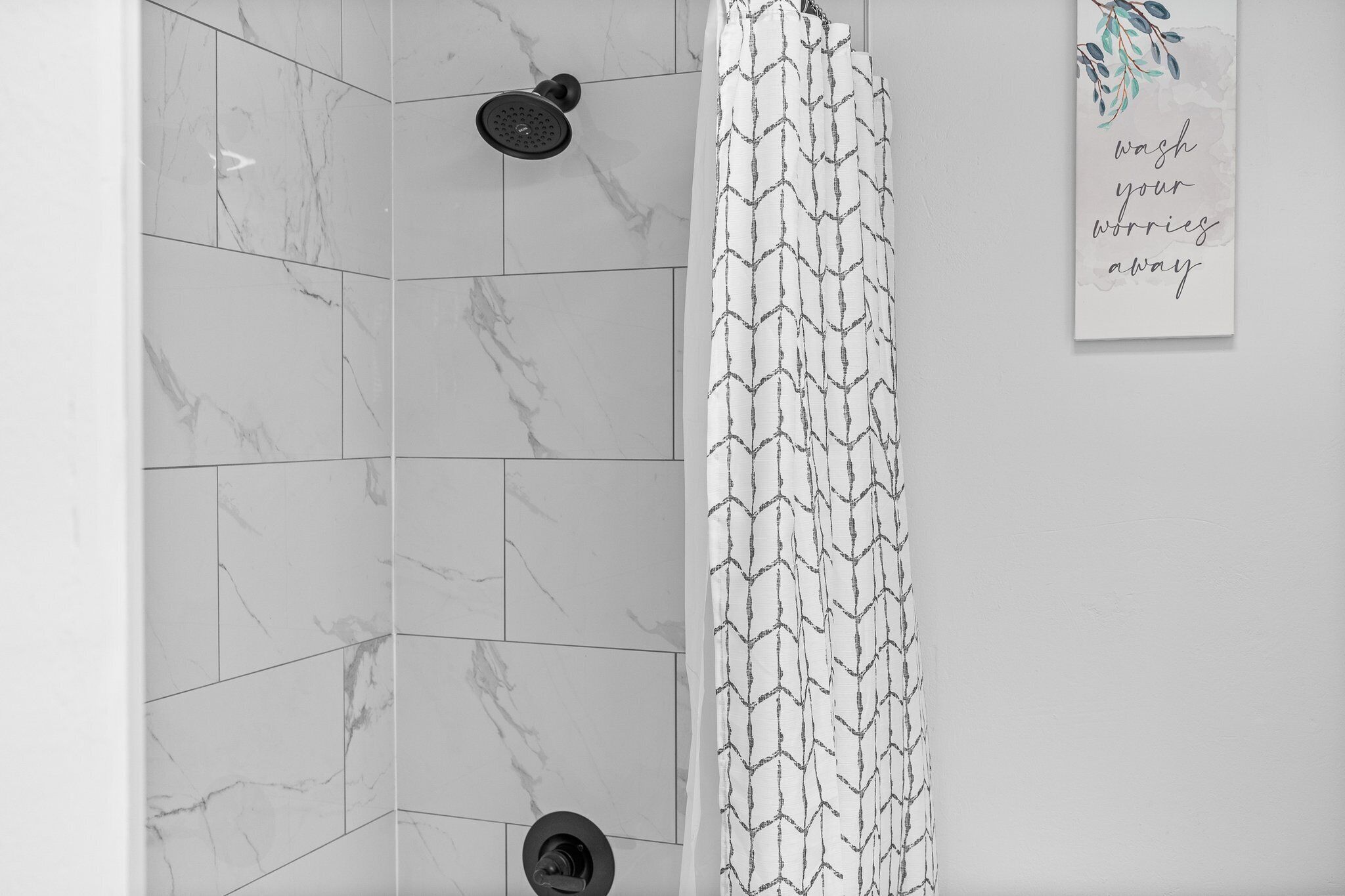 Hair dryer, towels, soap, shampoo