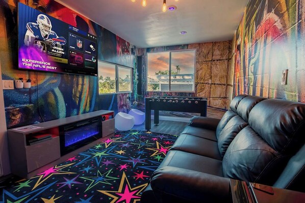 Smart TV, fireplace, video games