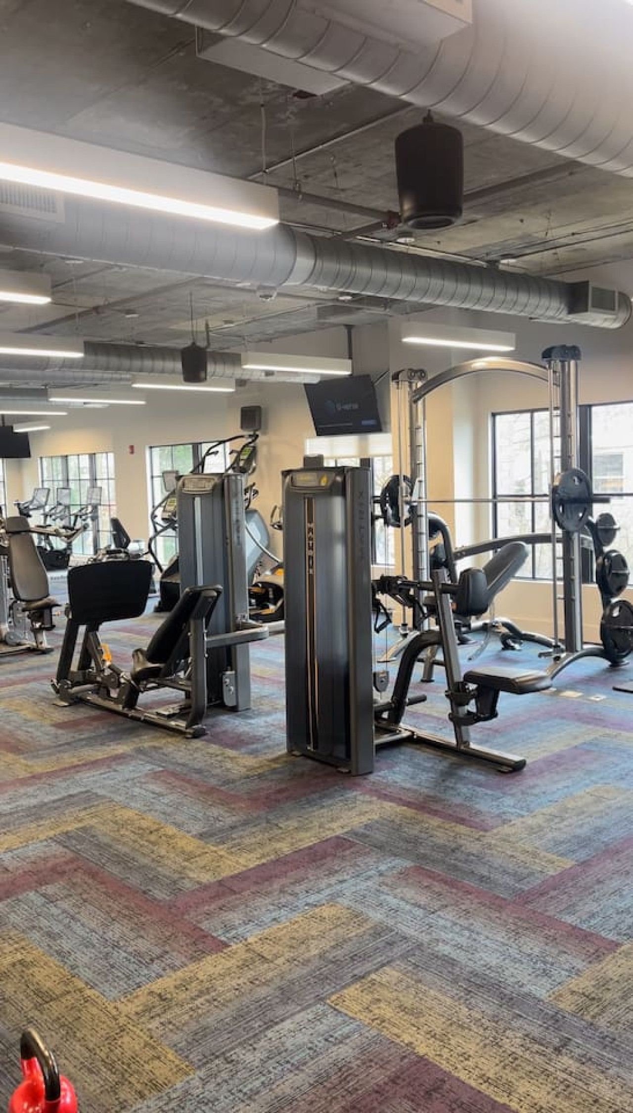 A gym with various exercise machines, a patterned carpet, and large windows.