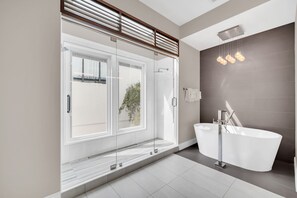 Regadera, secadora de cabello, bidet, toallas 