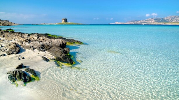 Un paysage côtier caractérisé par des eaux turquoise et limpides, une côte rocheuse et une île lointaine surmontée d’une tour.