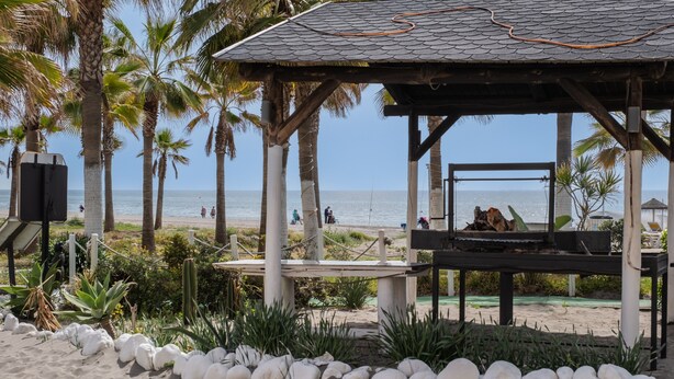 A beachside pavilion with a thatched roof, surrounded by palm trees and a sandy beach. - Apartment 'Experiencia Marina A107' with Sea View, Wi-Fi and Air Conditioning (Torrox)
