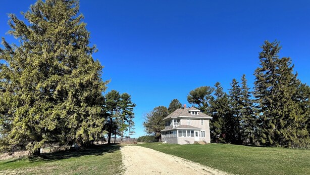 Une maison avec une allée en gravier, entourée de grands arbres et sous un ciel bleu dégagé.
